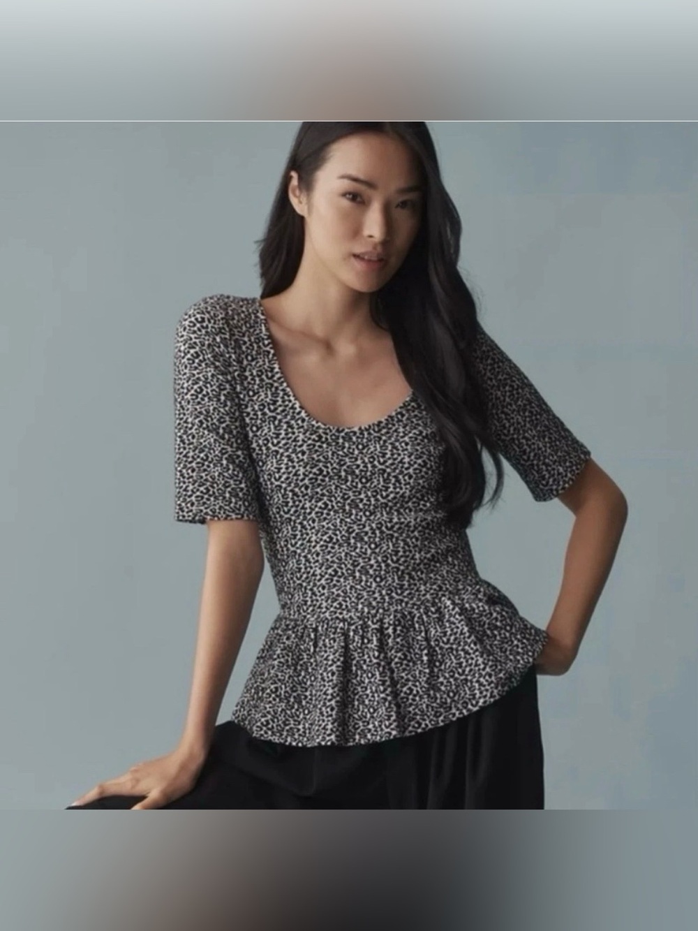 Anthropologie Maeve Peplum Scoop-Neck Top, Black & White Animal Print, NWT, S